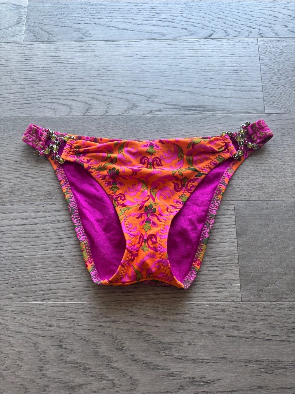 BECCA Orange & Pink Floral Bikini Bottom with Embellished Sides
